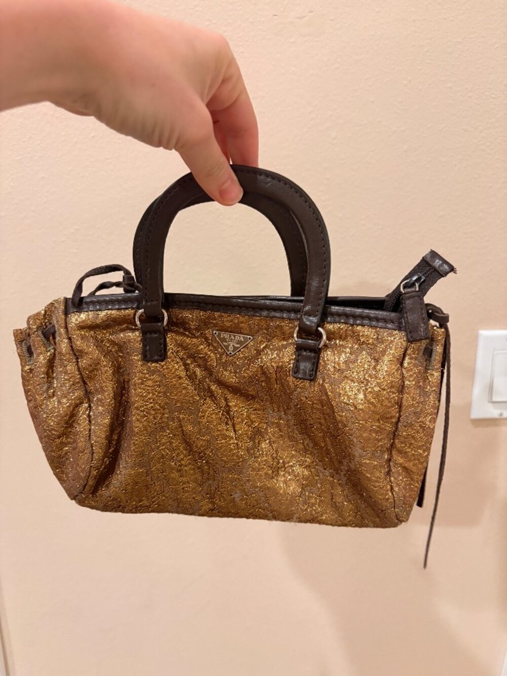Prada Authentic Vintage Early 2000’s Prada Bronze, Brocade & Leather Handbag